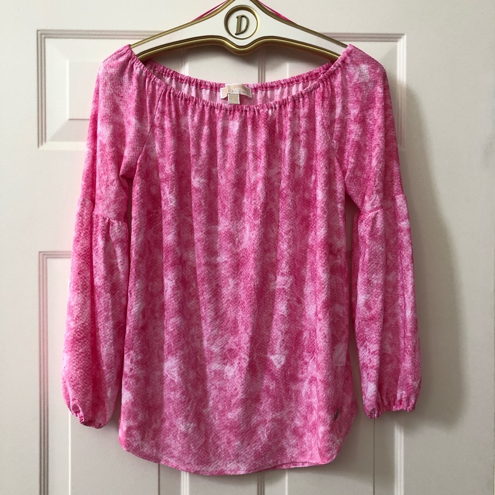 NWOT- Michael Kors Pink & White Peasant Style Top w/Elastic Neckline - Size M